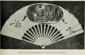 Fan painted by Father Christian Gottfried Hahnemann depicting young Dr. Samuel Hahnemann providing physic to his first patient.